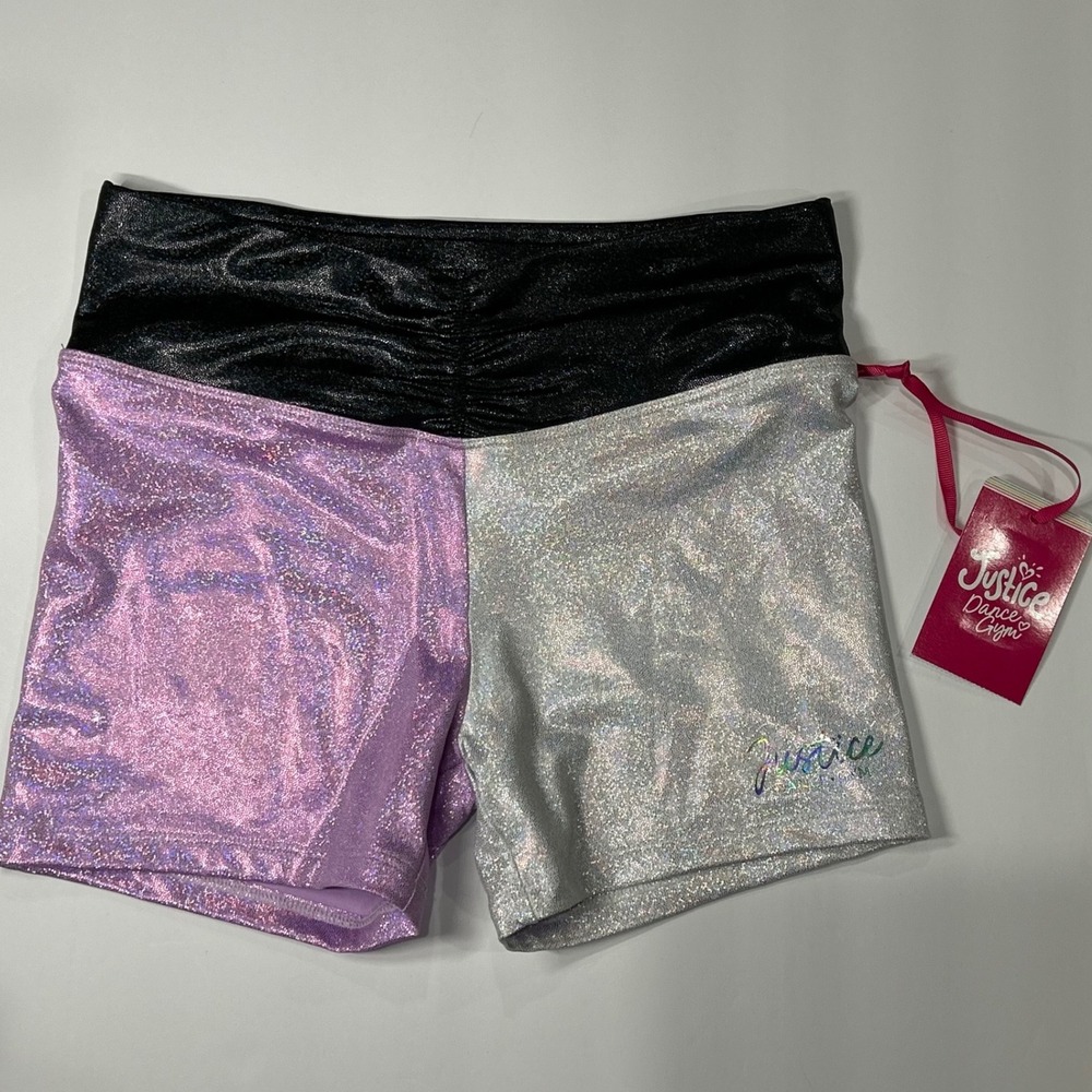 Justice Girls Iridescent Foil Colorblock Dance Gym Shorts Purple Silver L 12/14